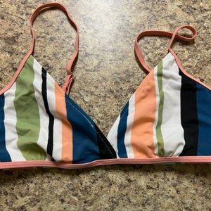 Navy and Peach Striped Bikini Set Top and Bottoms, Medium